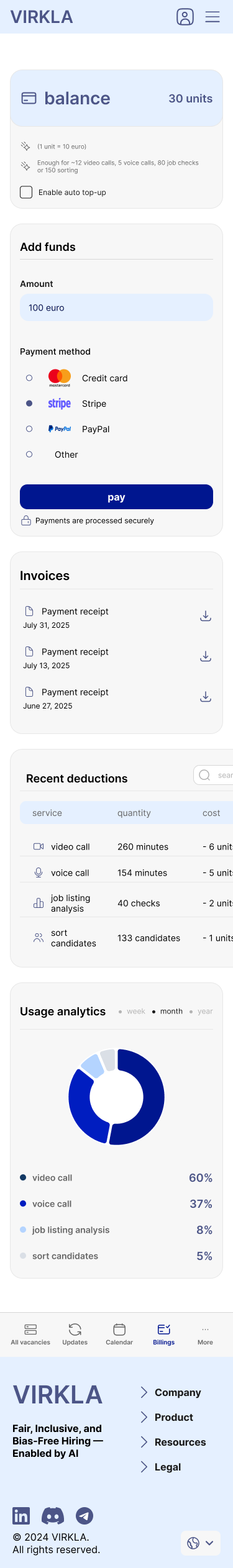 Virkla billing and plan management screen