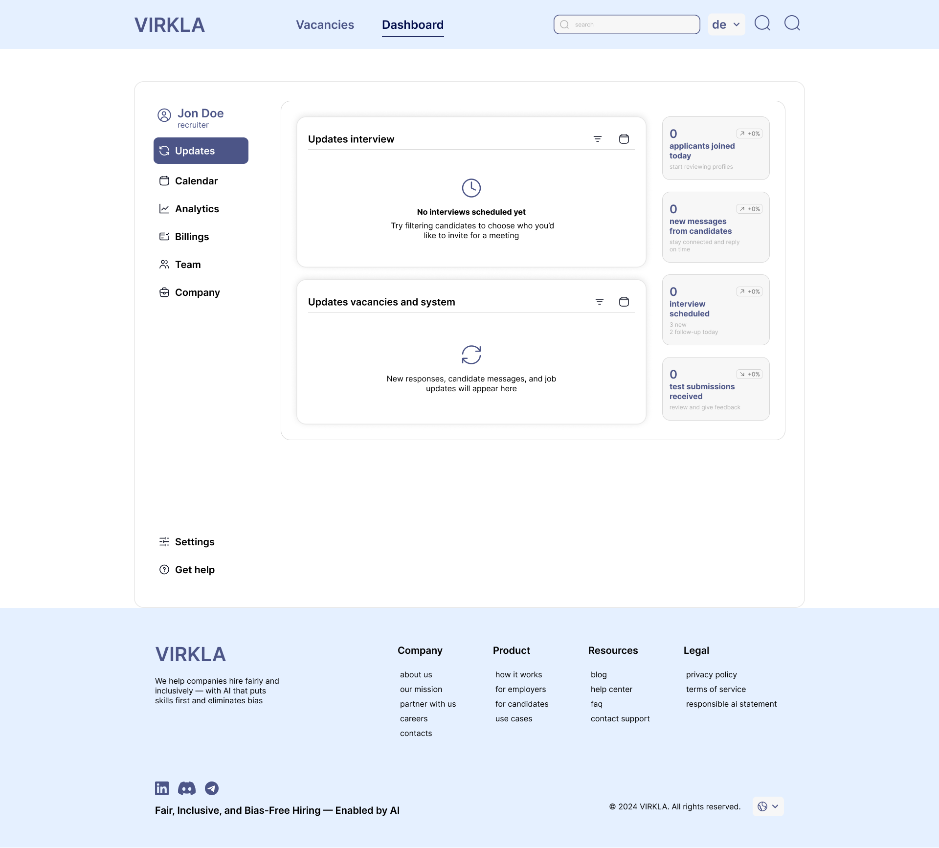 Virkla updates feed for recruiter and hiring team activity