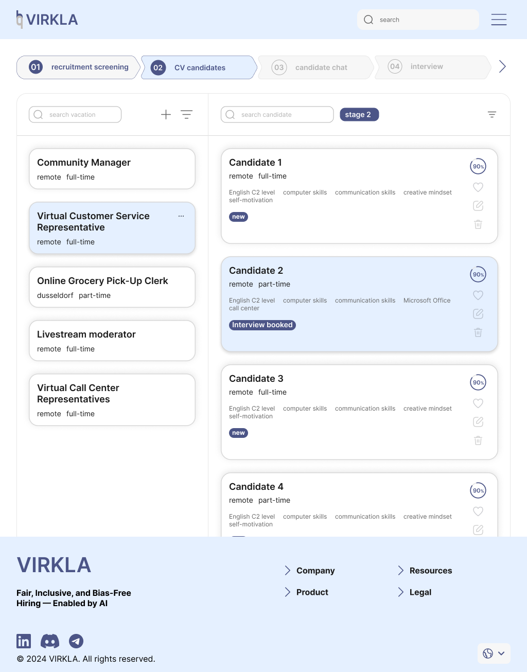Virkla vacancies view on tablet showing candidate list