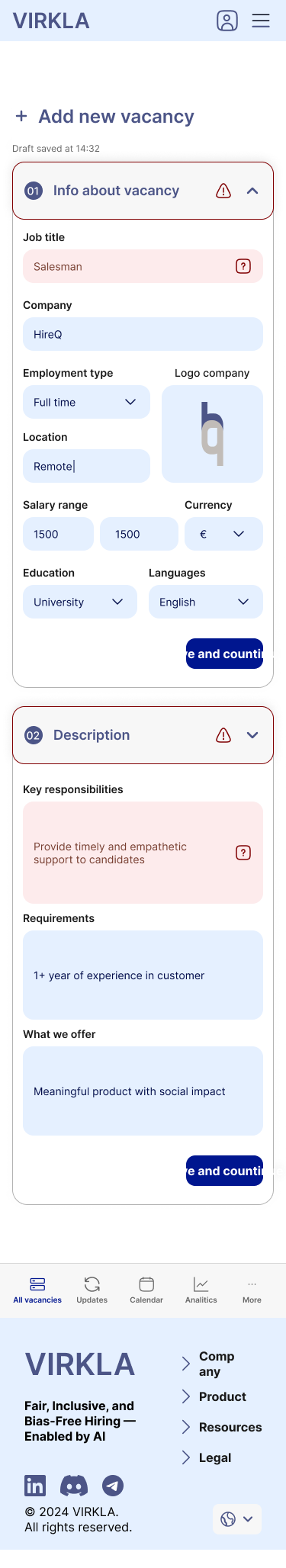 Virkla vacancy editor showing AI Debias warnings on job fields